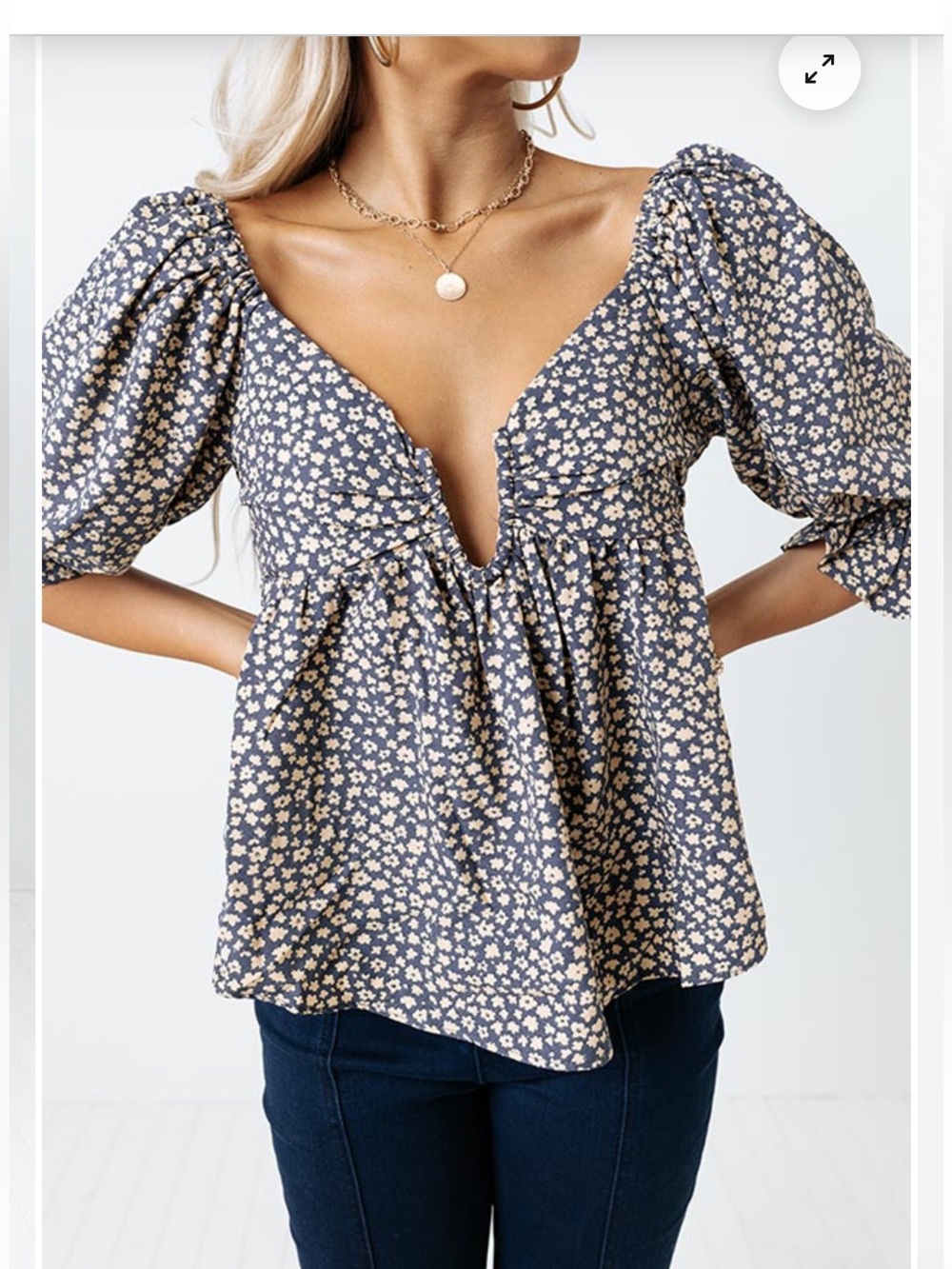 Newbury Kustom navy and yellow floral pattern top Sz M